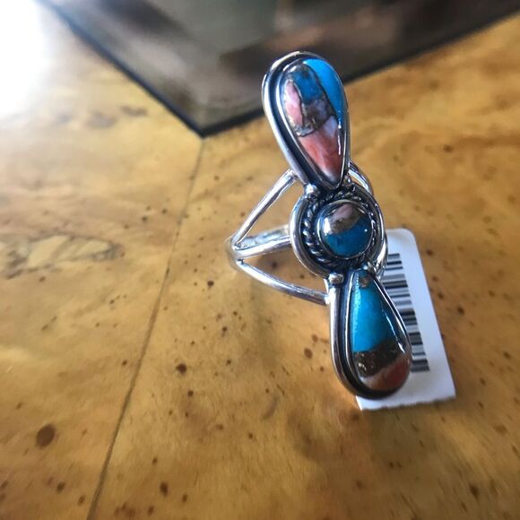 Spiny Turquoise Sterling Silver Ring Size 8 - Picture 3 of 7